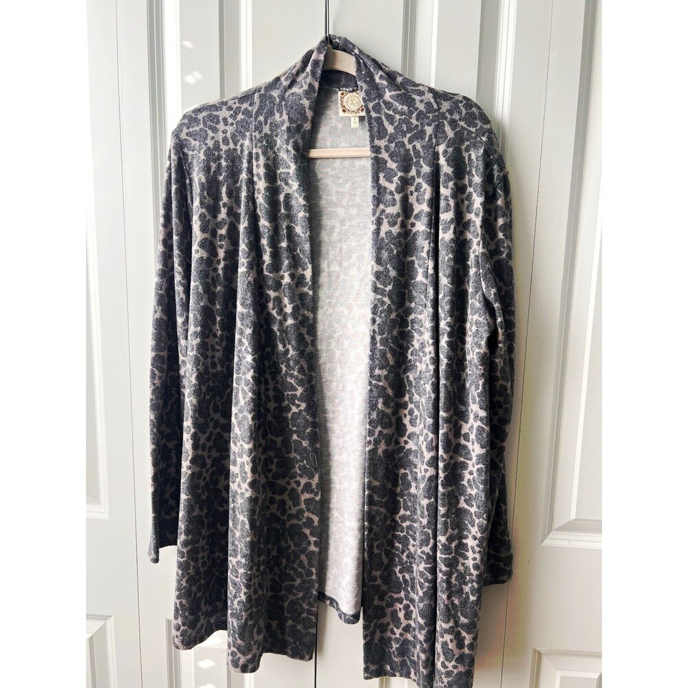 Truss & Co Leopard Print Open Front Cardigan Sweater Women's Size L Gray Animal